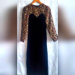 Vintage Burnt Out Velvet Black Maxi Dress Metallic Threads Paisley Pattern Moody